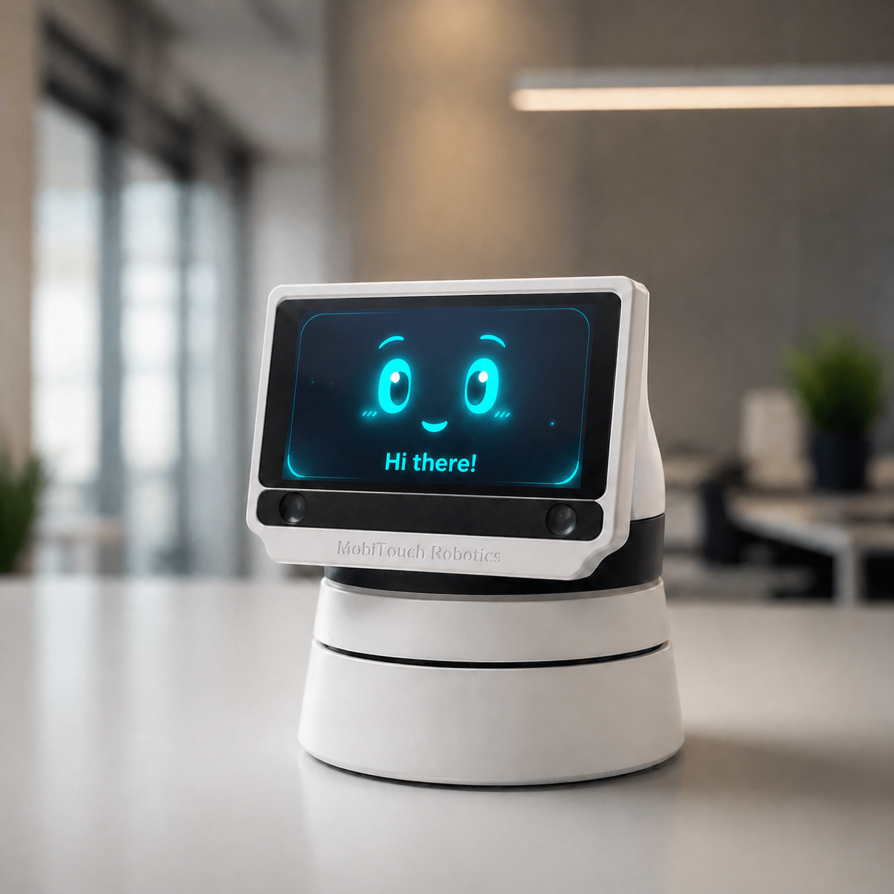 Hosppy V1 — friendly hospitality desk robot with animated face on a rotating base