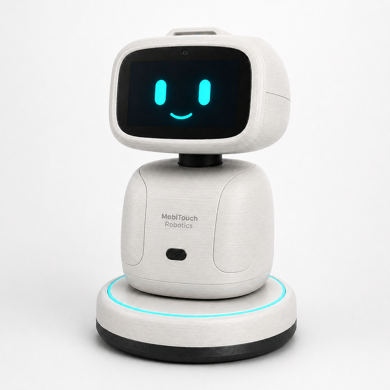 Hosppy V2 — refined hospitality desk robot with rounded form and ambient base lighting