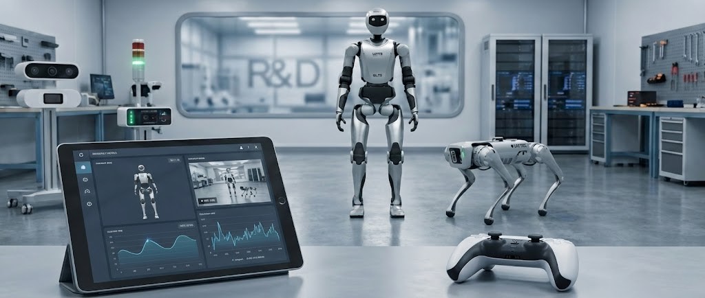 Robot control dashboard with humanoid and quadruped robots in R&D lab