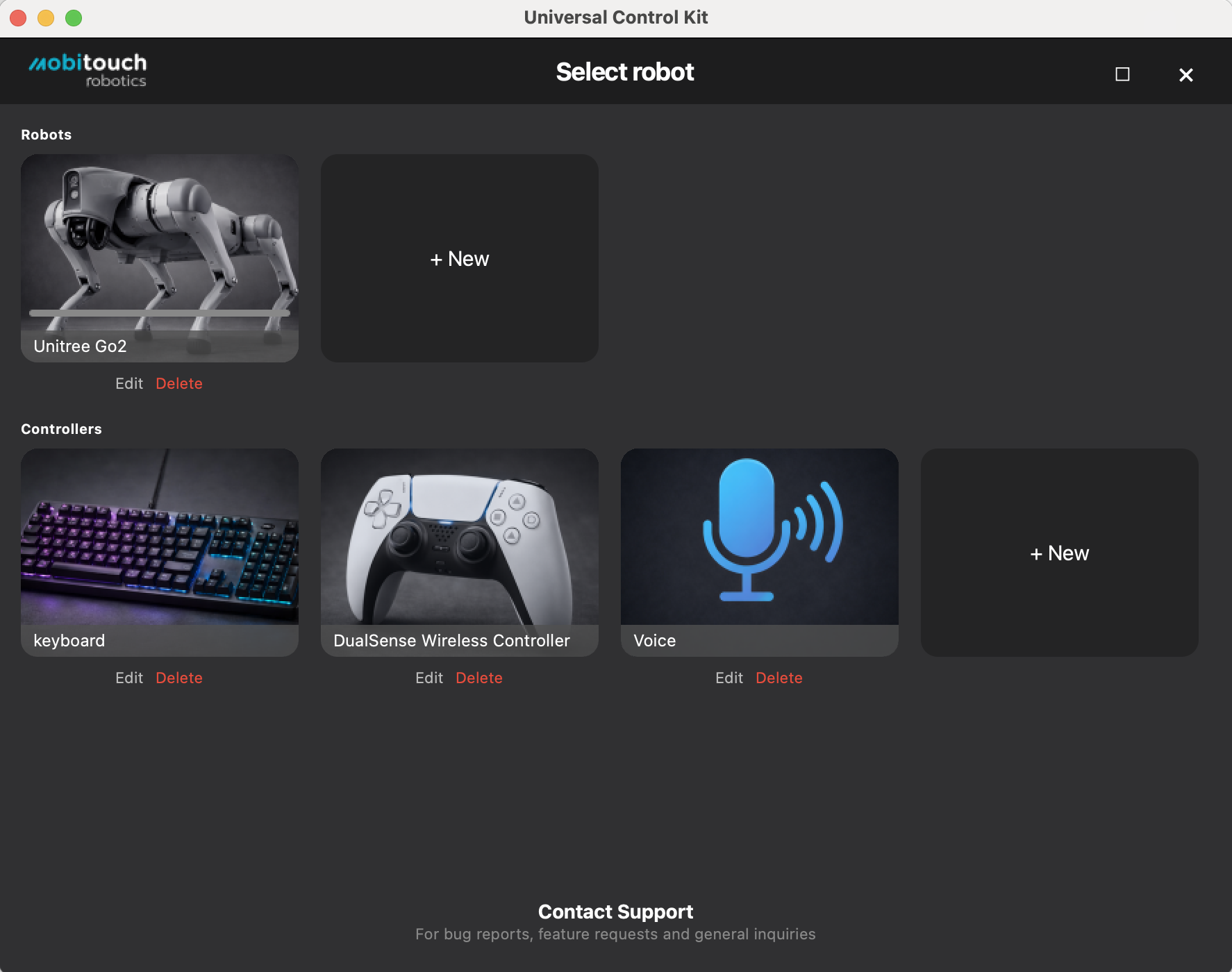 Universal Control Kit — Select robot view showing Unitree Go2, keyboard, DualSense controller, and Voice input options